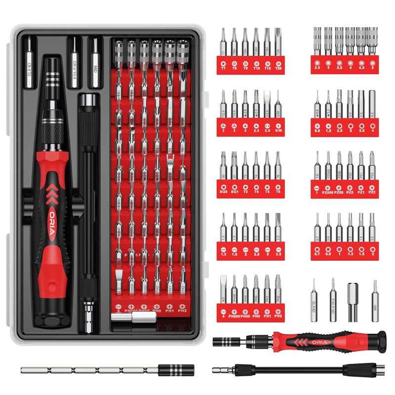 ORIA Precision Screwdriver Kit, Mini Screwdriver Set, 61 in 1 with 57 Bits Repair Tools with Flexible Shaft, Extension Rod for Mobile Phone, Smartphone, Tablet, PC, Red - Image 1
